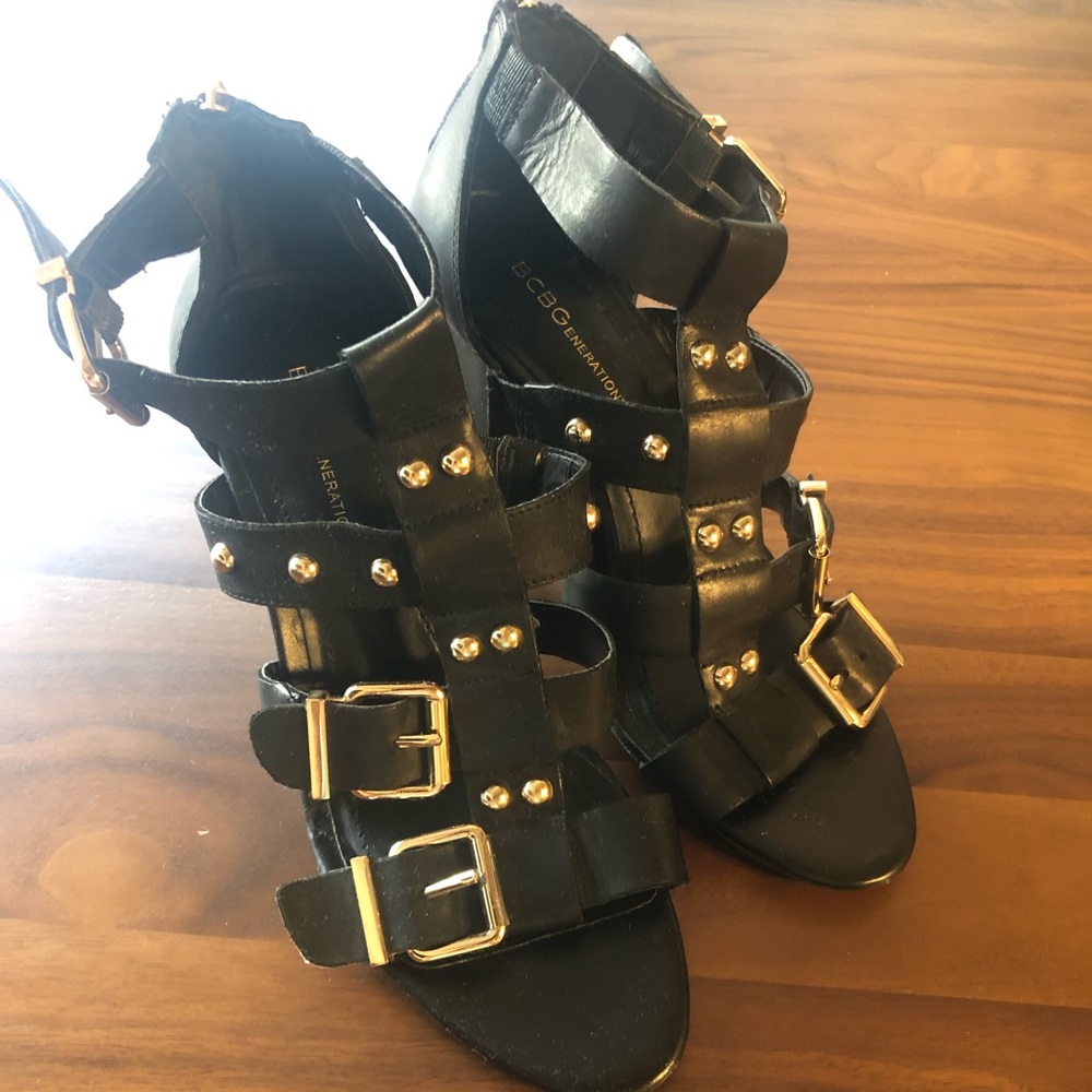 Black Leather BCBG Generation Heeled Sandals